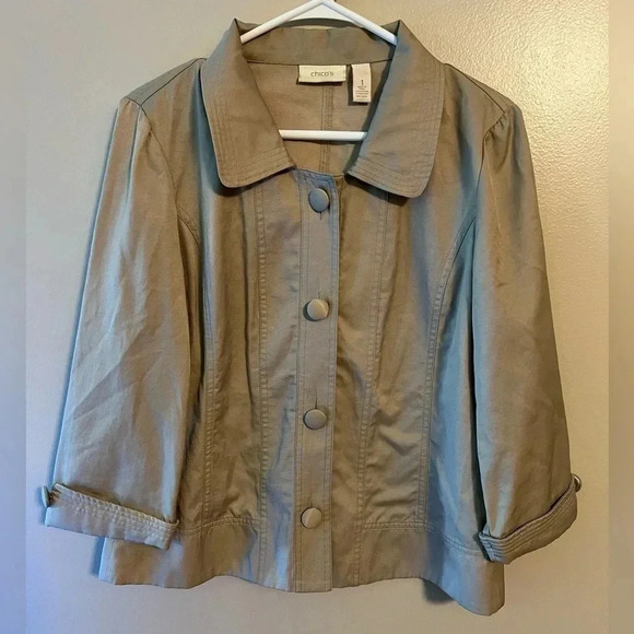Chico's Tops - Chicos Officewear Collared Cropped Boxy Button Up Tan Beige Size 1 Medium Blouse